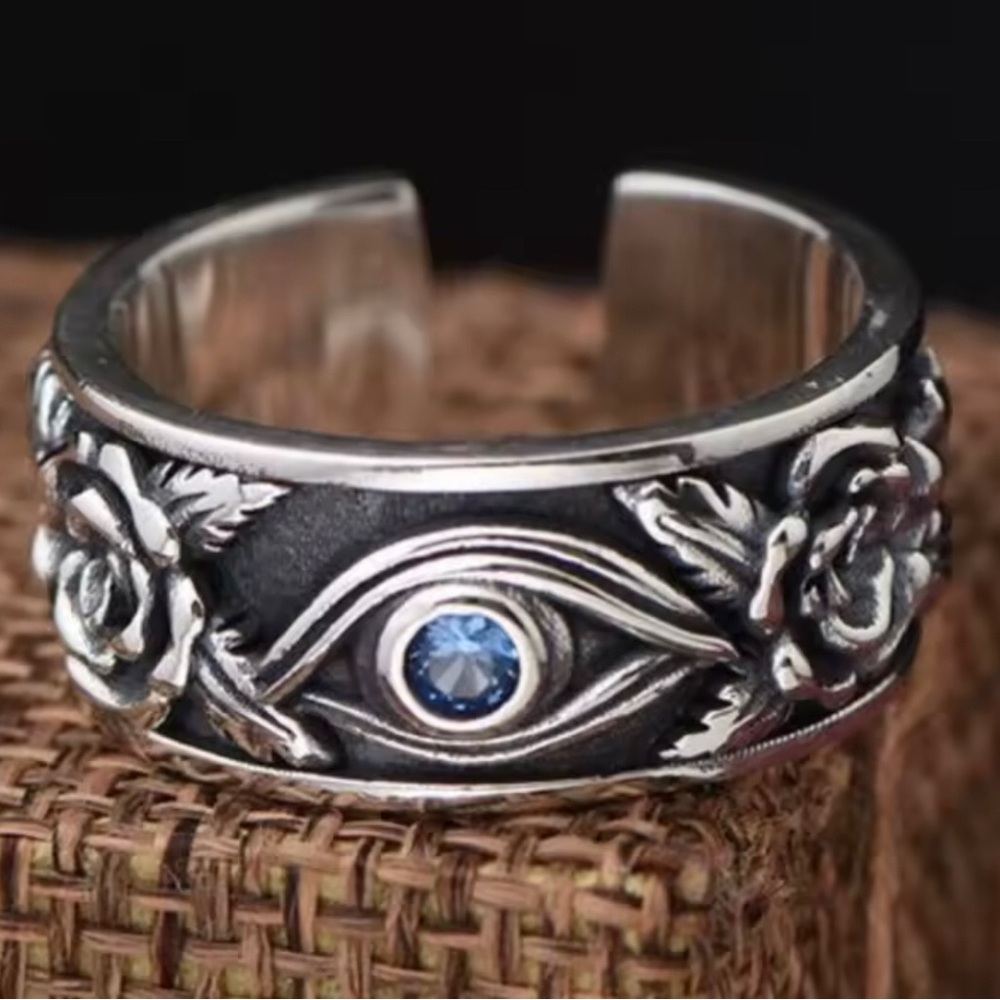 Sterling Silver Blue Eye Floral Adjustable Ring
